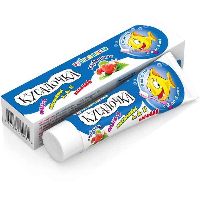 фото упаковки Кусалочка зубная паста клубничная с Омега-3, кальцием и вит. A, D, E