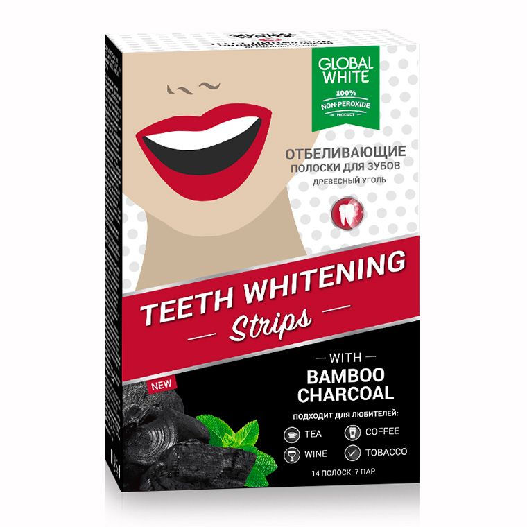 фото упаковки Global White полоски отбеливающие для зубов Древесный уголь