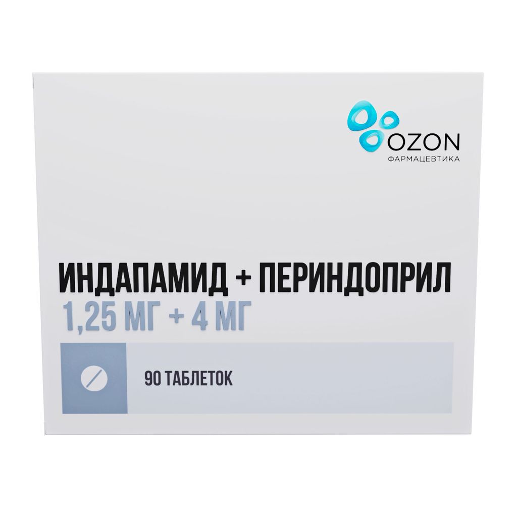 Индапамид-Периндоприл, 1.25 мг+4 мг, таблетки, 90 шт.
