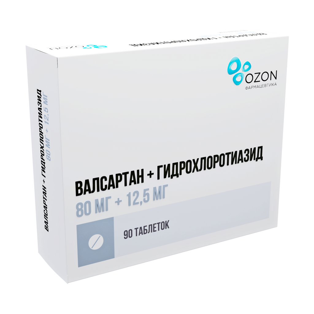 Валсартан + Гидрохлоротиазид, 80 мг+12.5 мг, таблетки, покрытые пленочной оболочкой, 90 шт.