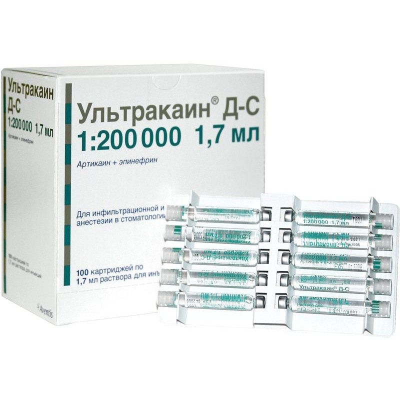 Ультракаин Д-С, 40 мг+5 мкг/мл, раствор для инъекций, 1.7 мл, 100 шт .