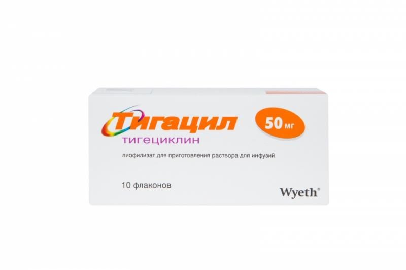 Тигацил, 50 мг, лиофилизат для приготовления раствора для инфузий, 10 .
