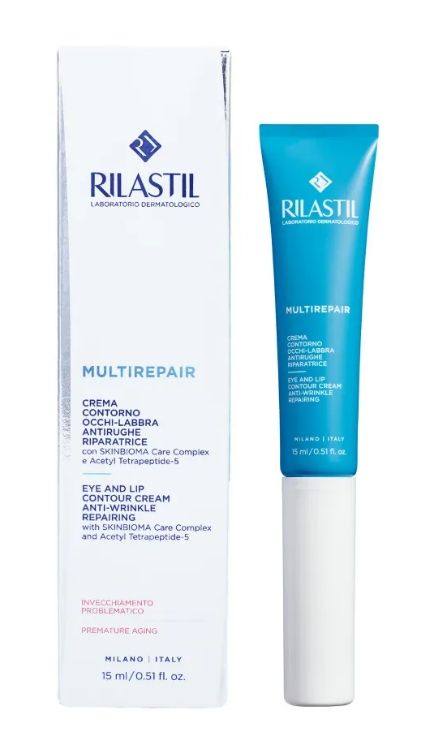 фото упаковки Rilastil Multirepair Восстанавливающий крем против морщин для контура глаз и губ