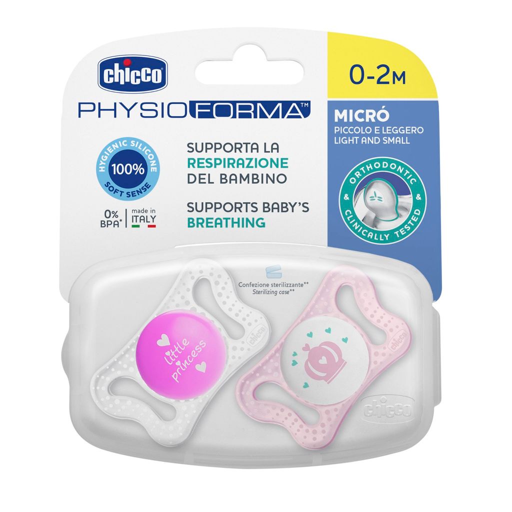 Chicco Physio Micro Пустышка силиконовая ортодонтическая, 0-2 месяца, розового цвета, 2 шт.