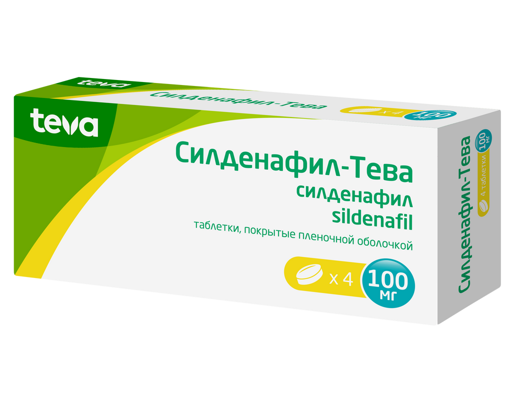 Силденафил-Тева, 100 мг, таблетки, покрытые пленочной оболочкой, 4 шт.  купить по цене от 343 руб в Москве, заказать с доставкой в аптеку,  инструкция по применению, отзывы, аналоги, Actavis Group