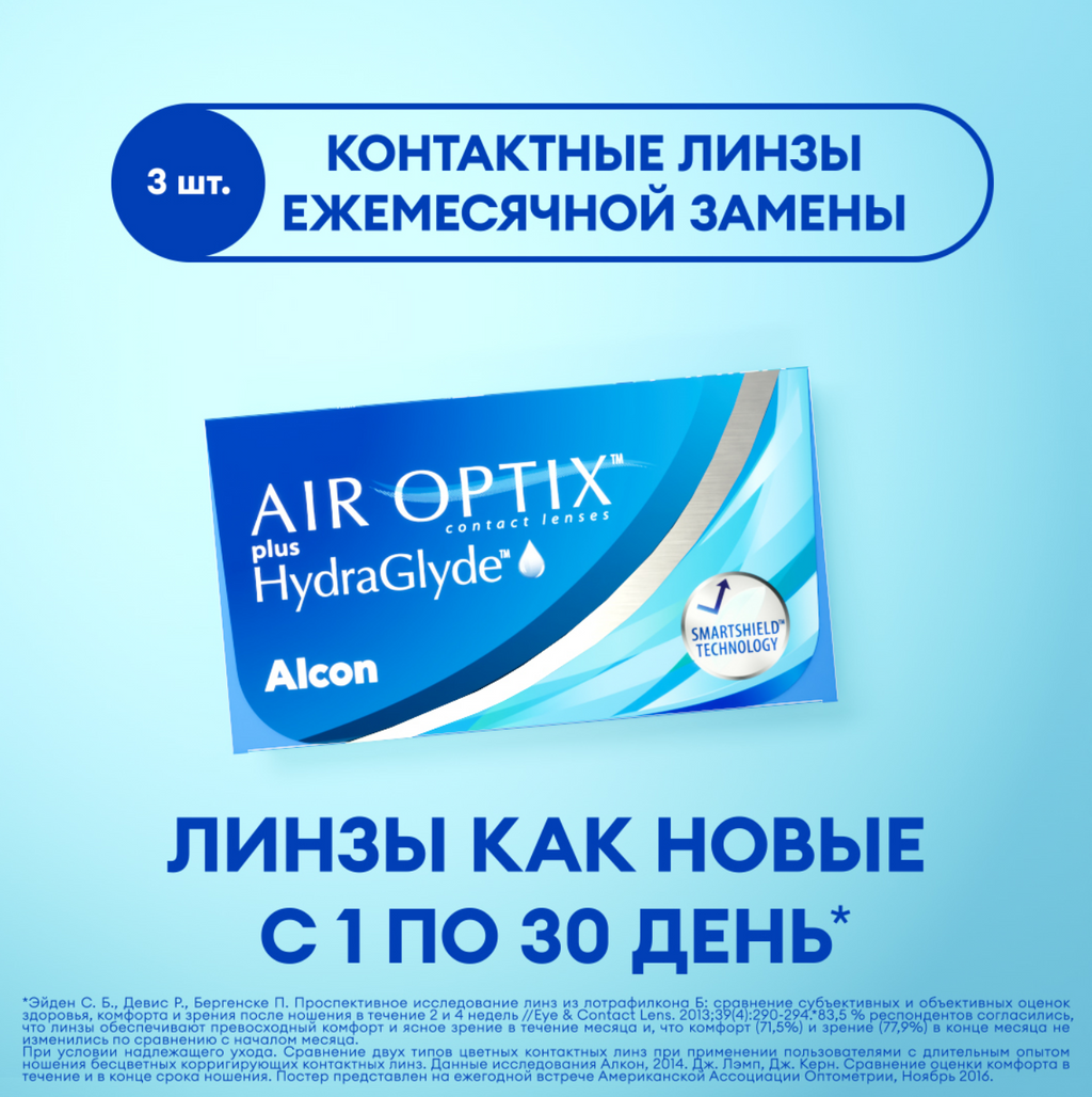 Alcon Air Optix Plus HydraGlyde Линзы контактные, BC=8.6 d=14.2, D(-7.00), 3 шт.