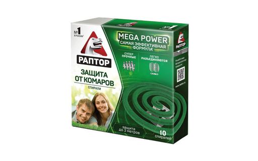 Раптор Mega Power Спираль от комаров без запаха, 10 шт.