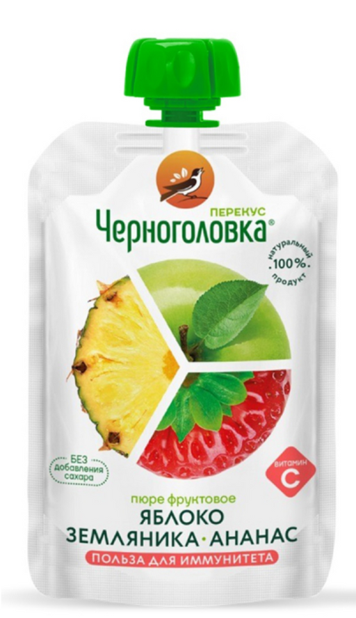 Черноголовка Перекус Пюре фруктовое Яблоко-земляника-ананас, для детей с 3 лет и взрослых, 85 г, 1 шт.