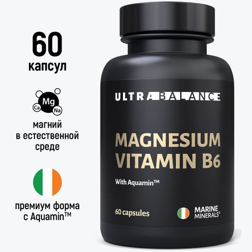 Ultrabalance Магний B6 Magnesium Vitamin B6, Витамины и минералы для нервной системы, успокоительное, антистресс, комплекс для женщин и мужчин, капсулы, 60 шт.