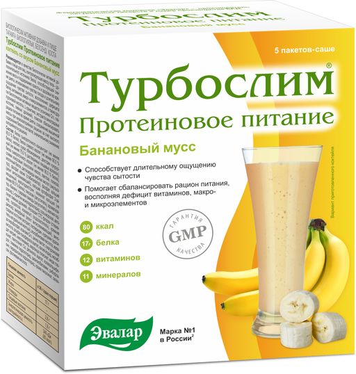 Турбослим Протеиновое питание Коктейль Банановый мусс, порошок, 36 г, 5 шт.