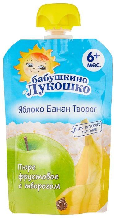 Бабушкино Лукошко Пюре фруктовое с творогом, пюре, яблоко банан, 90 г, 1 шт.