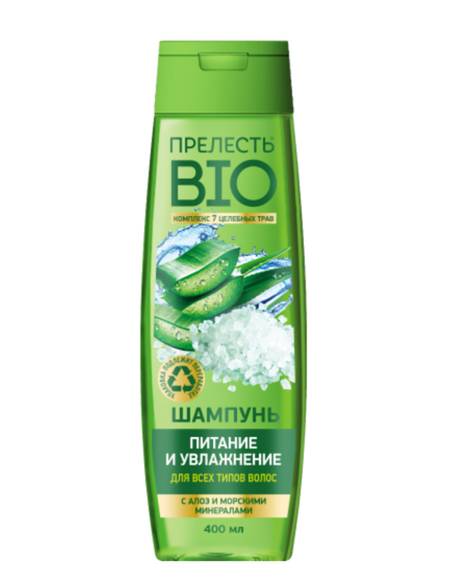 Прелесть BIO Шампунь для волос Питание и увлажнение, шампунь, с алоэ и морскими минералами, 400 мл, 1 шт.