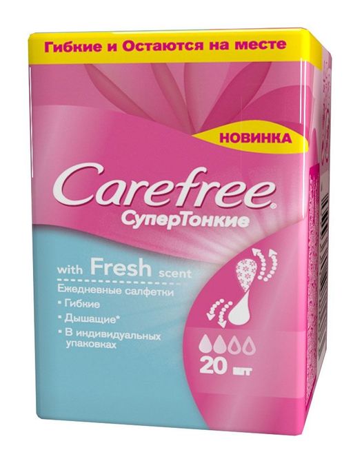 Carefree Fresh scent Супертонкие ежедневные салфетки, прокладки ежедневные, в индивидуальных упаковках, 20 шт.