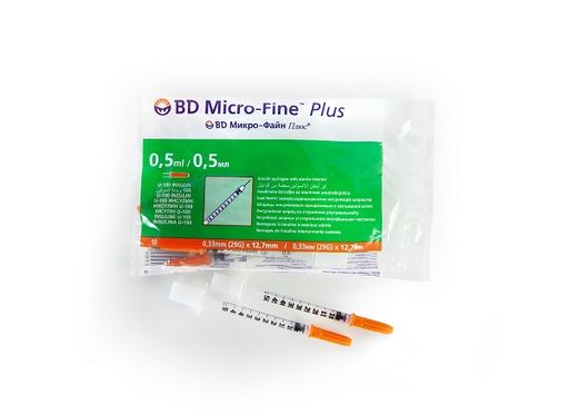 Шприц инсулиновый BD Micro-Fine Plus U-100, 0.5 мл, 29G0.33х12.7мм, 10 шт.