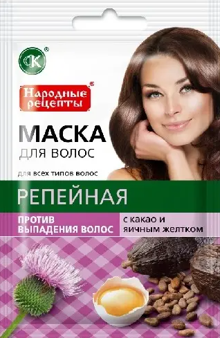 Народные рецепты Маска для волос Репейная, с какао и яичным желтком, 30 мл, 1 шт.