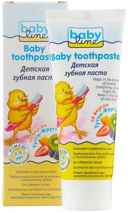 Babyline Зубная паста, для детей от 2-х до 6-ти лет, паста зубная, со вкусом жевательной резинки Тутти-Фрутти, 75 мл, 1 шт.