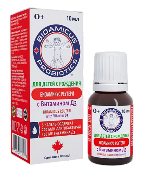 БиоАмикус Пробиотик Реутери с витамином Д3, капли для приема внутрь, для детей с рождения, 10 мл, 1 шт.