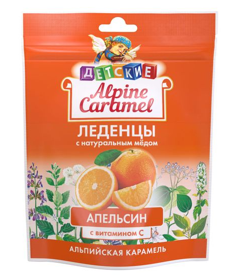 Alpine Caramel Леденцы с медом и витамином С детские, со вкусом апельсина, 75 г, 1 шт.