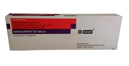 Вальпарин ХР, 500 мг, таблетки пролонгированного действия, покрытые пленочной оболочкой, 30 шт.