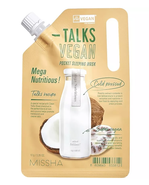 Missha Talks Vegan Маска кремовая энерджайзер, маска для лица, с экстрактами нони и кокоса, 10 г, 1 шт.