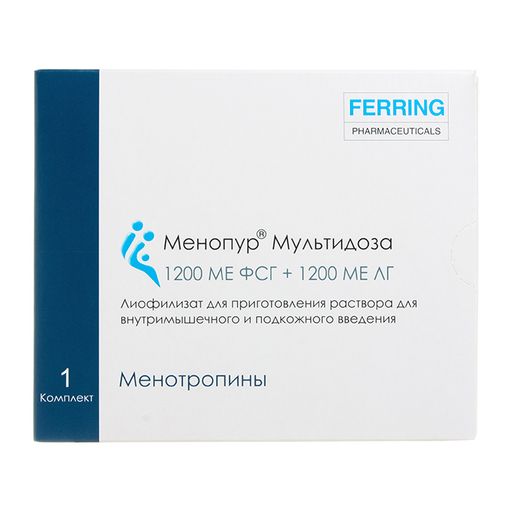 Менопур Мультидоза, 1200МЕФСГ+1200МЕЛГ, лиофилизат для приготовления раствора для внутримышечного введения, в комплекте с растворителем, 1 шт.