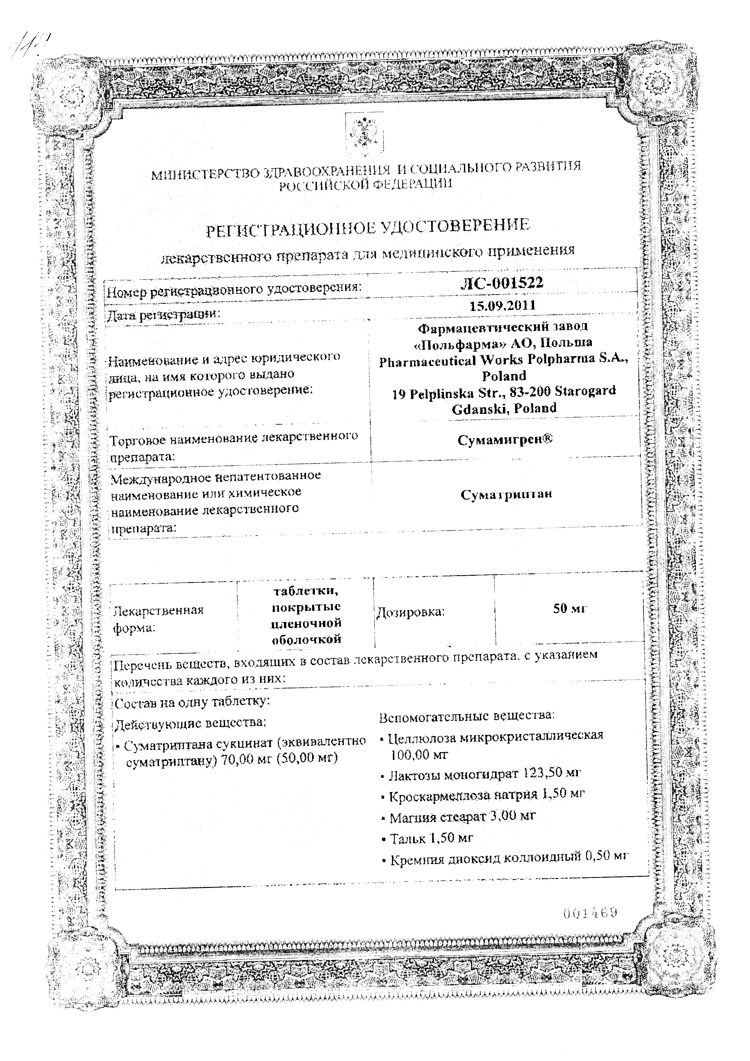 Сумамигрен сертификат