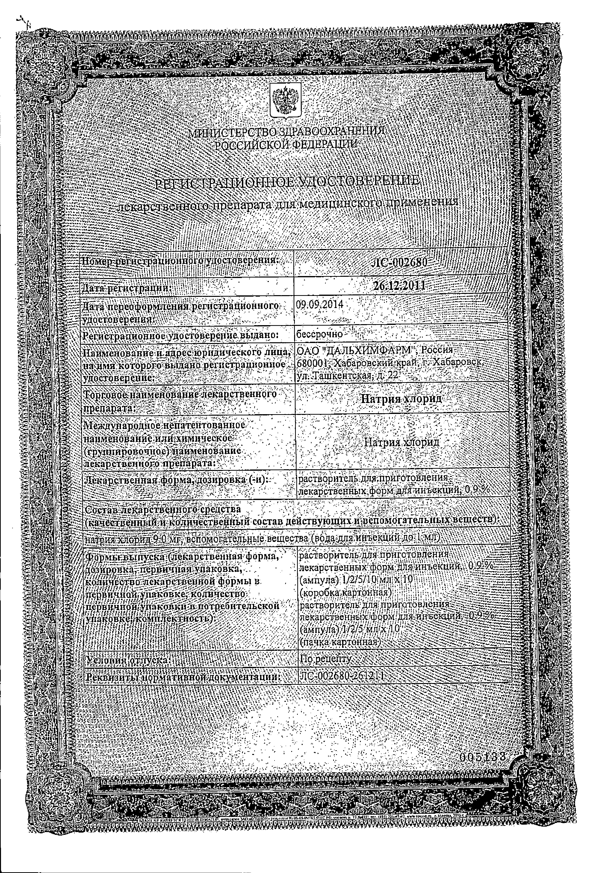 Натрия хлорид (для инъекций) сертификат