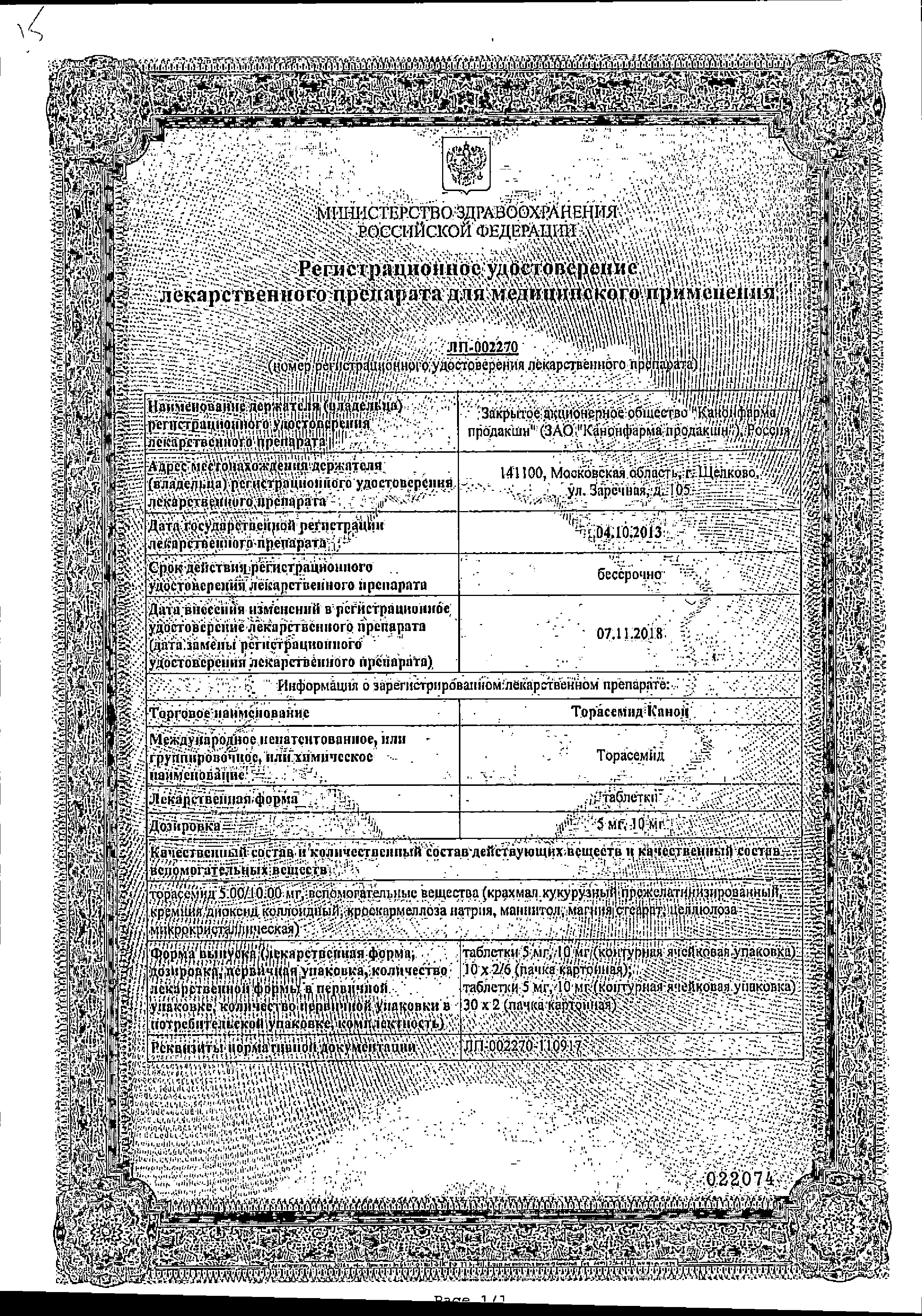 Торасемид Канон сертификат