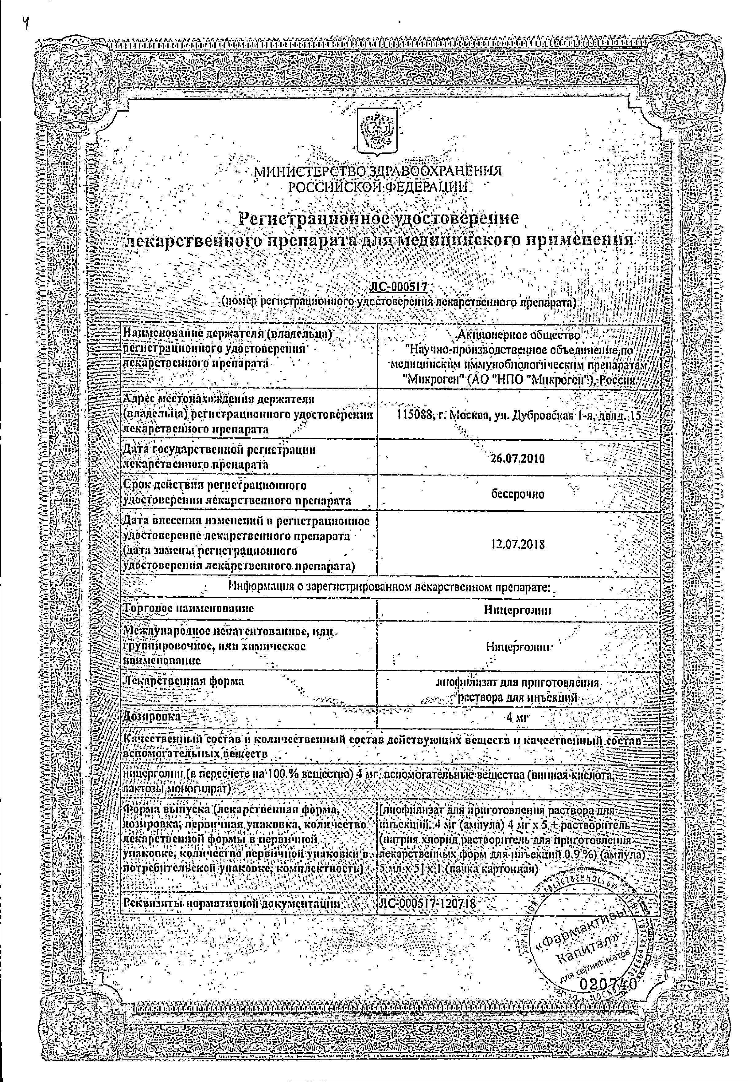 Ницерголин сертификат