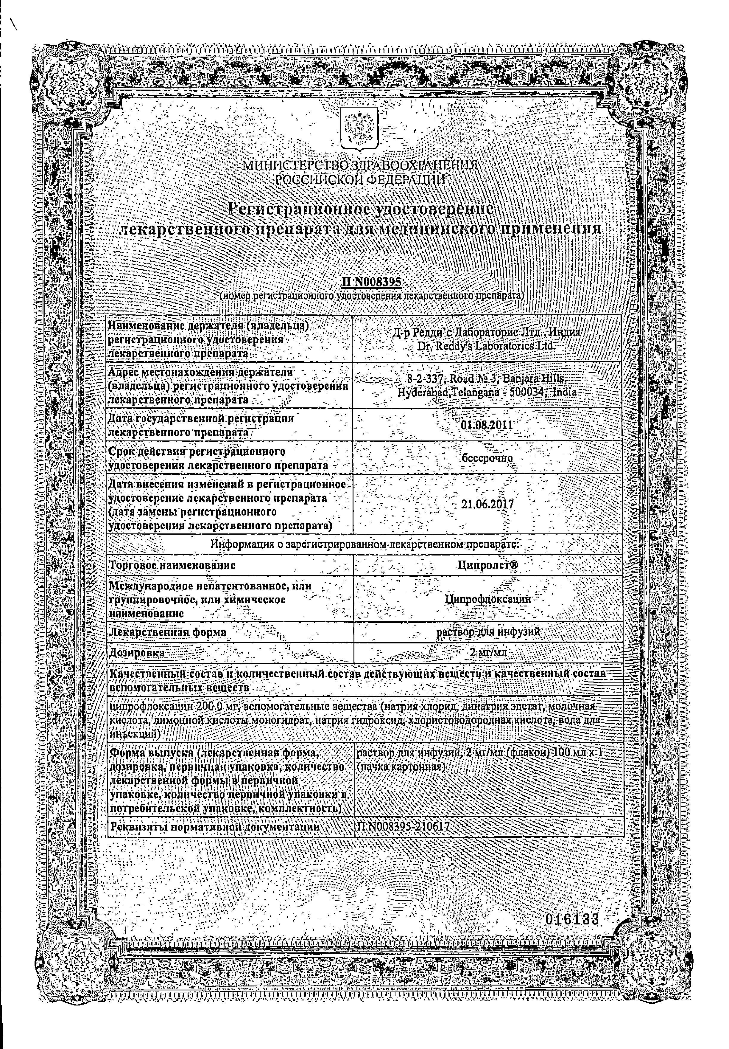 Ципролет (для инфузий) сертификат