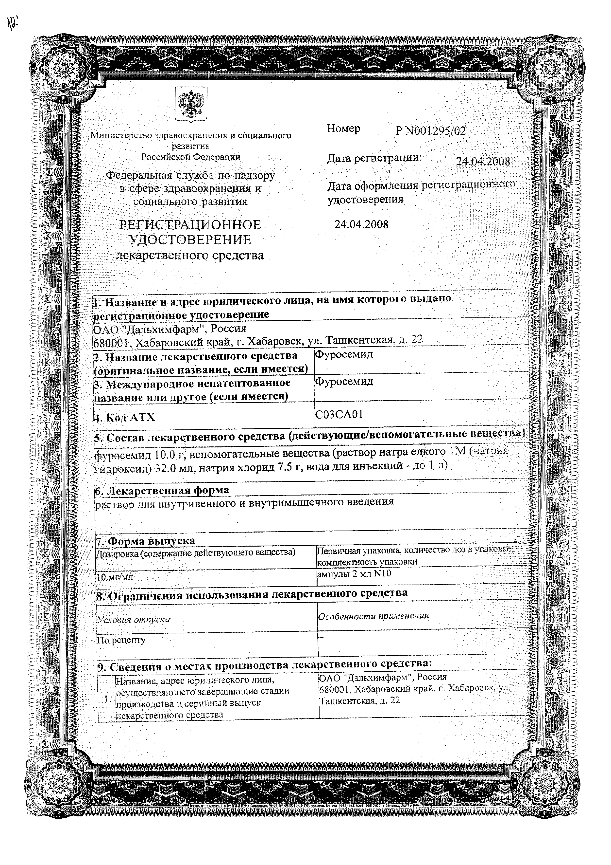Фуросемид сертификат