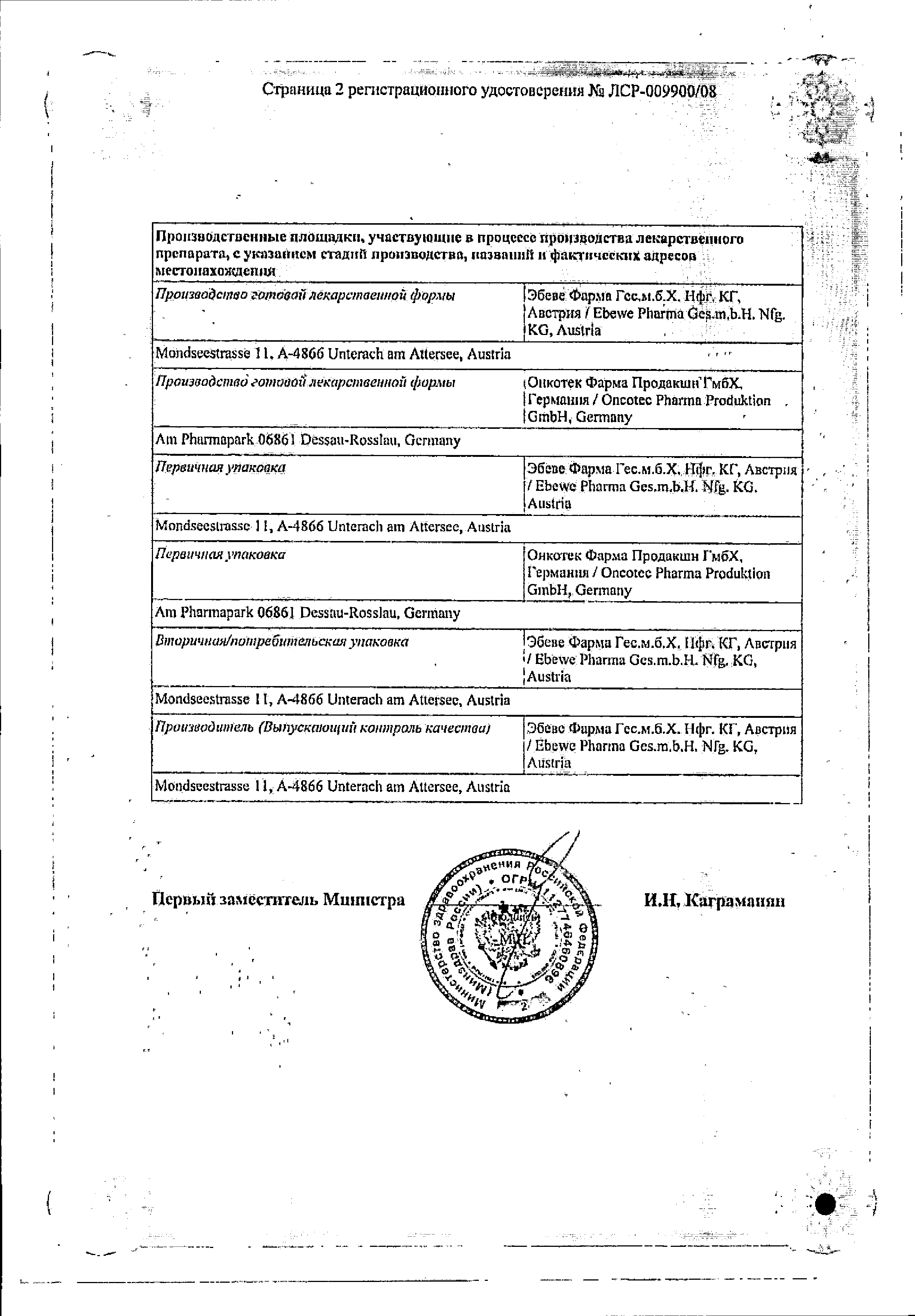 Оксалиплатин-Эбеве сертификат