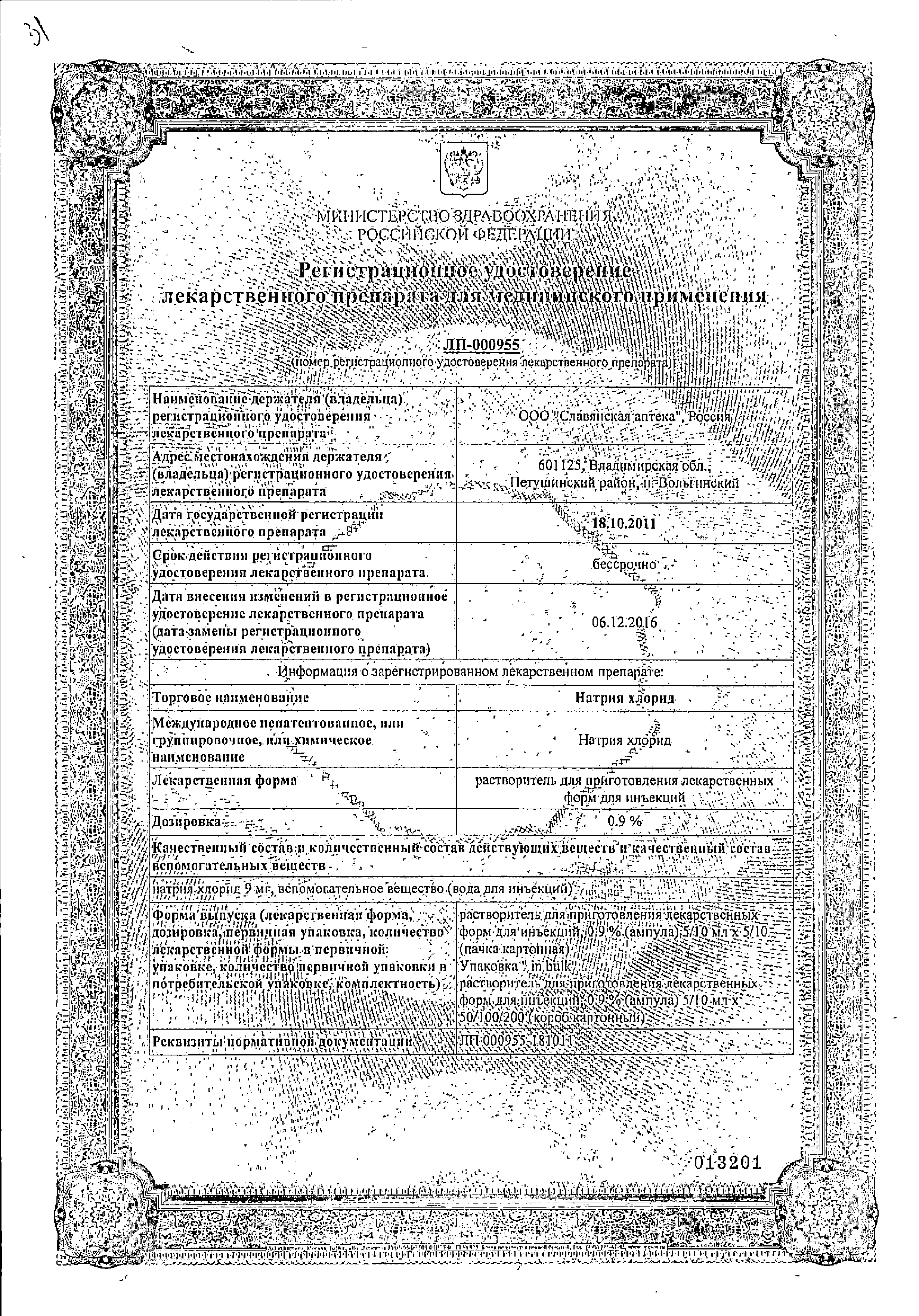 Натрия хлорид (для инъекций) сертификат