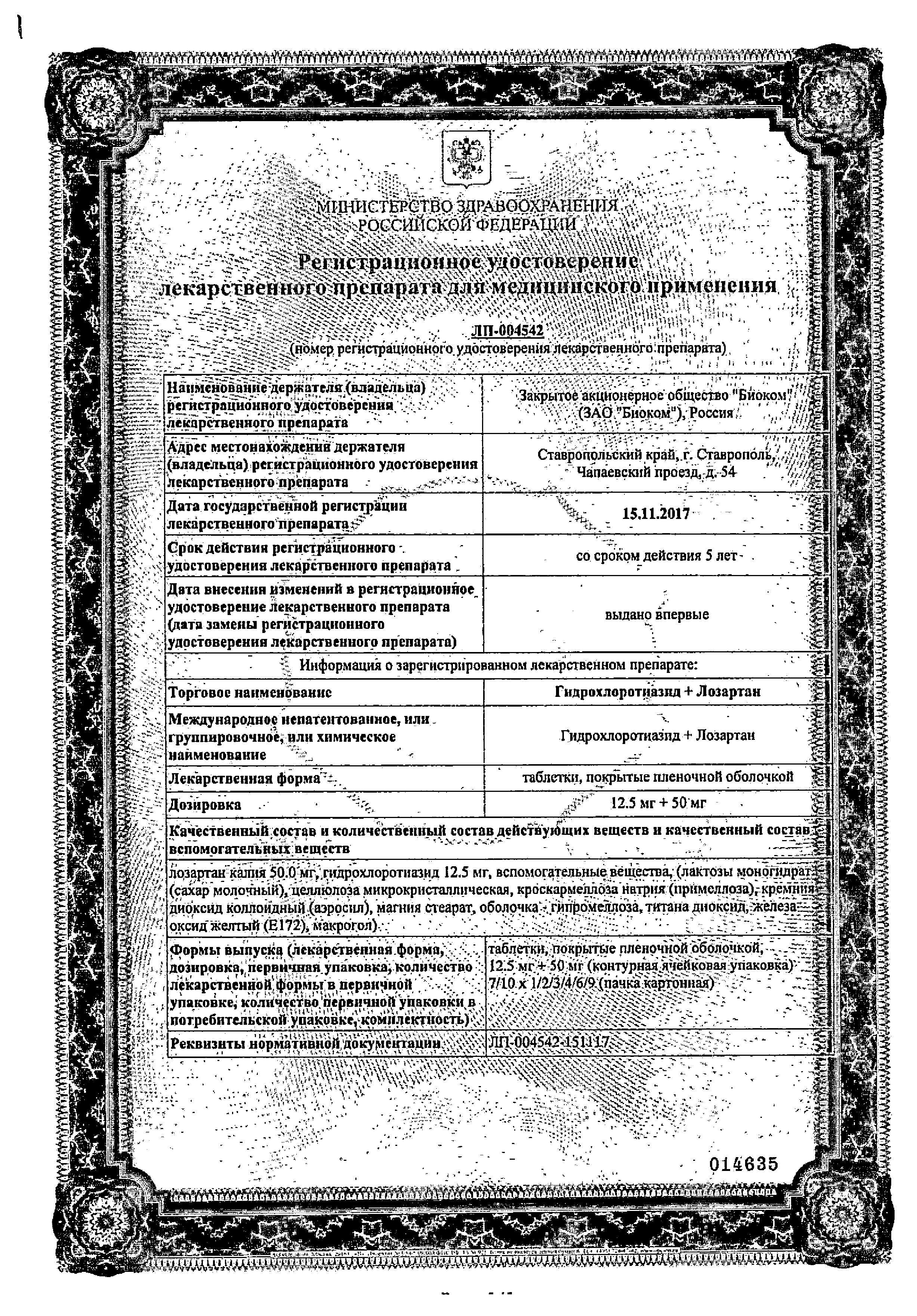 Гидрохлоротиазид + Лозартан сертификат