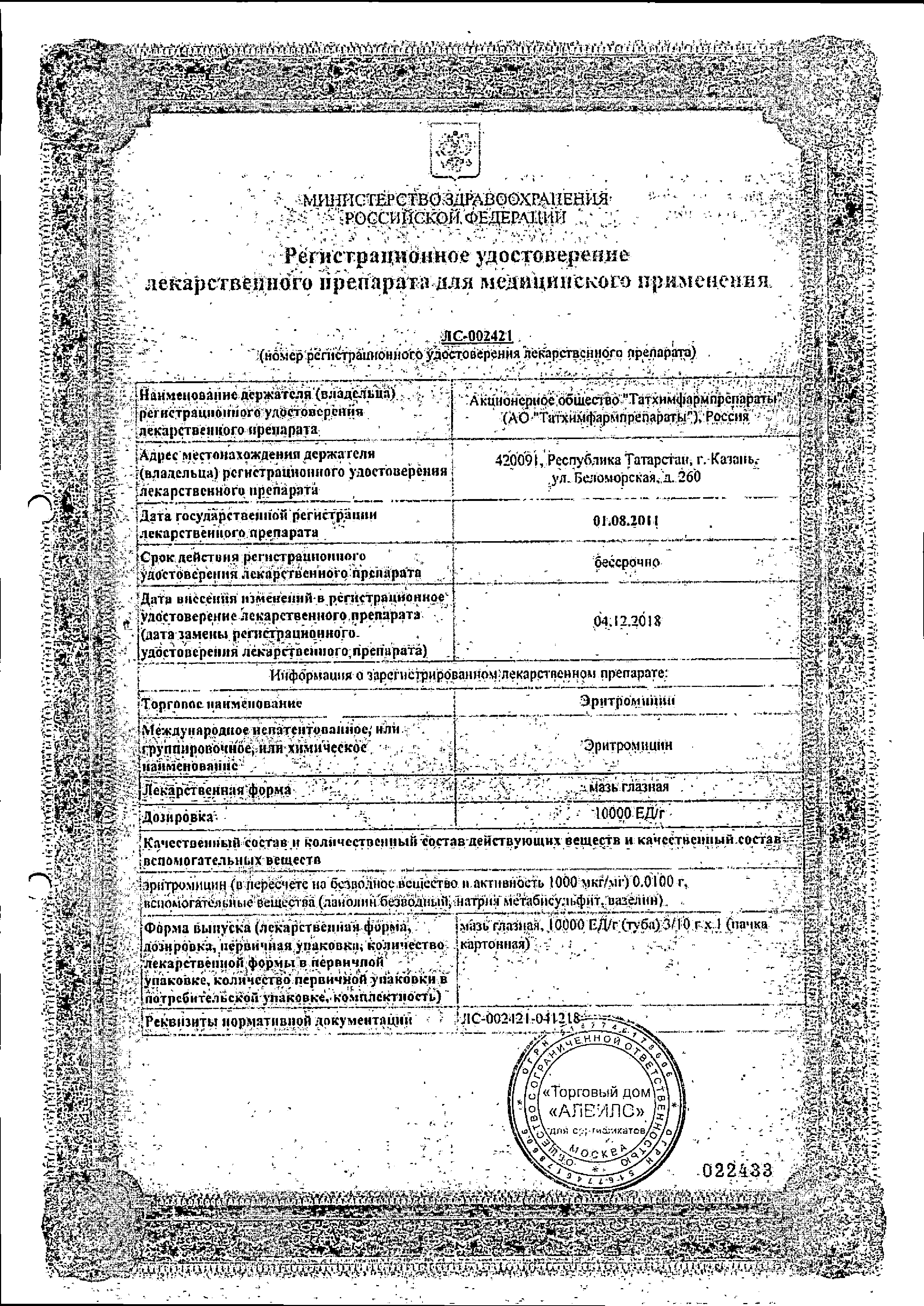 Эритромицин (глазная мазь) сертификат