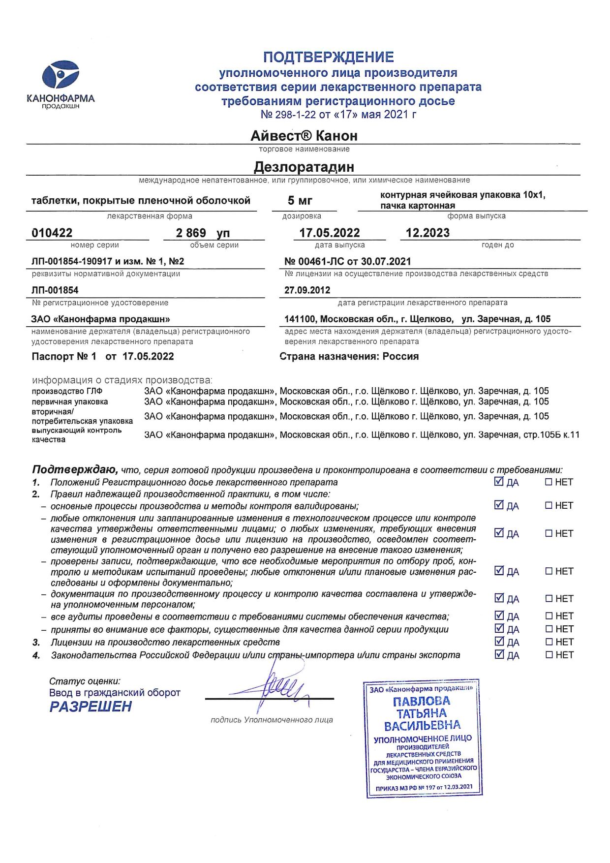 Айвест Канон сертификат