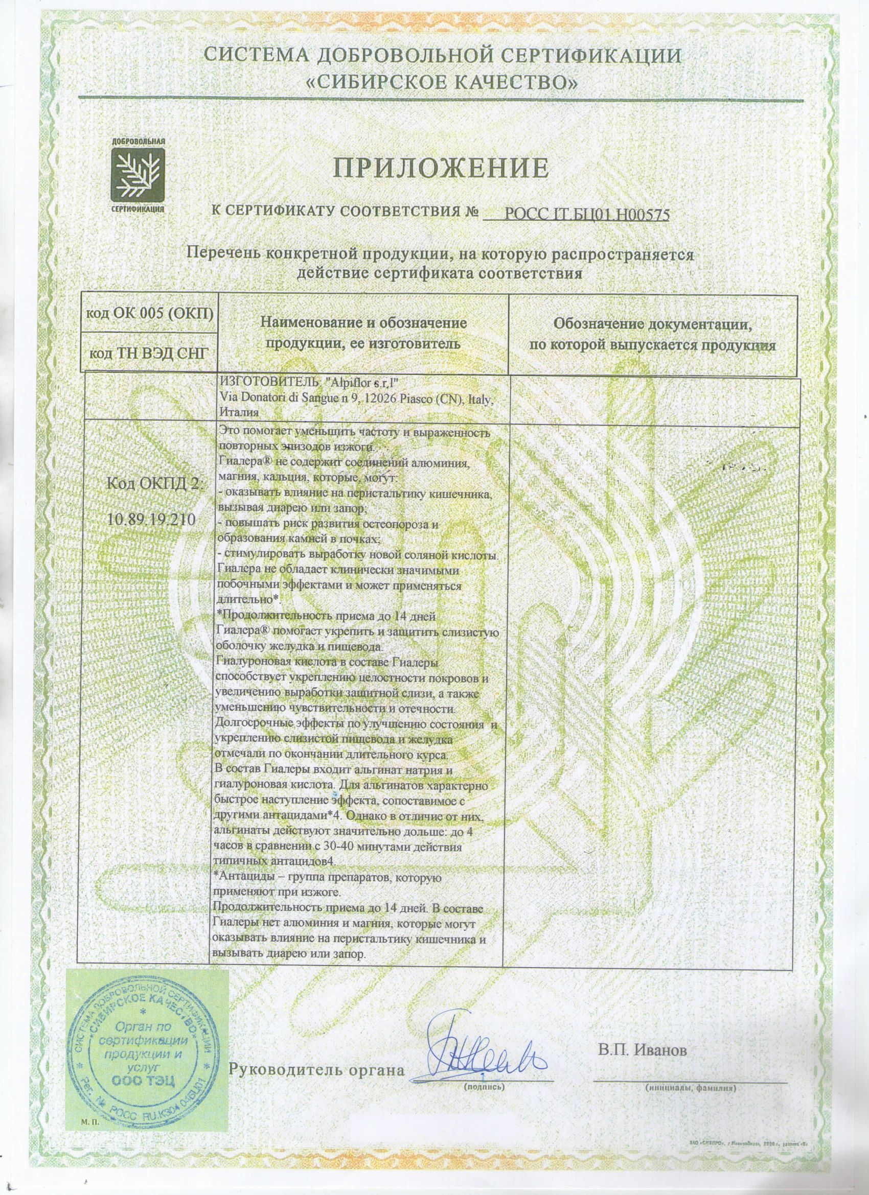 Гиалера сертификат